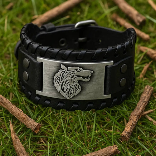 Bracelet viking Bracelet en cuir ajustable - Loup Fenrir® - Odins Hall