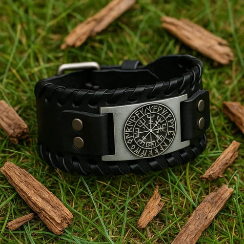 Bracelet viking Bracelet en cuir Noir - Rune Viking - Odins Hall