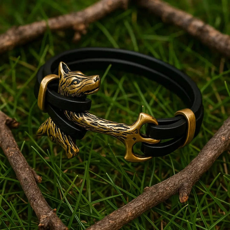 Wikinger-Armband Fenrirs Kopf in Leder Wikinger-Armband Fenrirs Kopf in Leder
