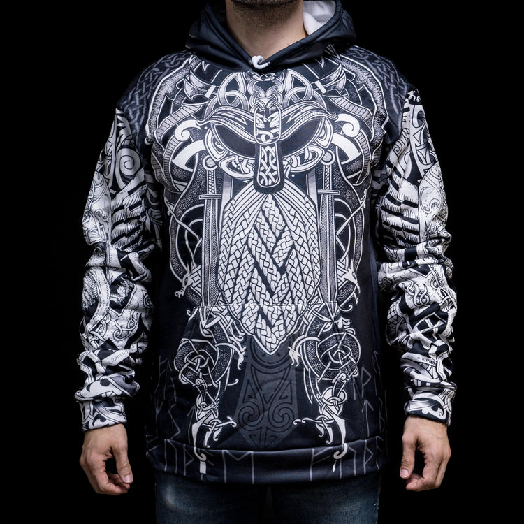 Wikinger-Hoodie \"Thors Epicenter - Macht des Donners\". Wikinger-Hoodie \"Thors Epicenter - Macht des Donners\".