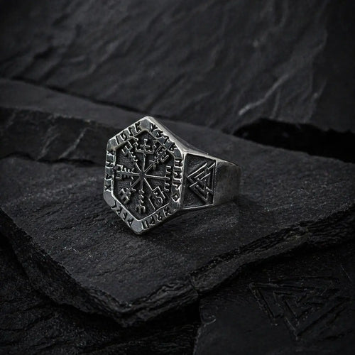 Bague symbolique Chevalière viking rune Vegvisir - Acier inoxydable - Odins Hall