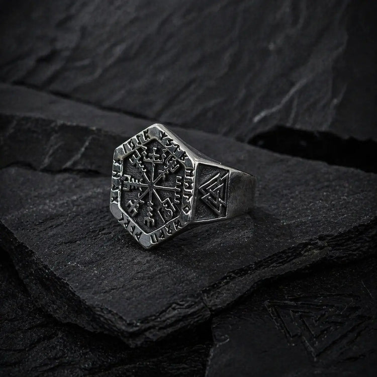 Wikinger-Siegelring Rune Vegvisir - Edelstahl